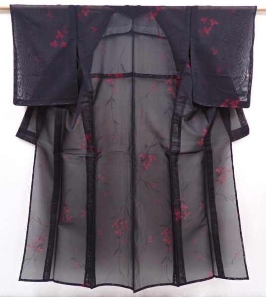 Photo1: 6001T07z370 Vintage Japanese Kimono Silk KOMON Flower Black (1)
