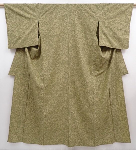Photo1: 6001T08z530  Japanese Kimono Silk HITOE KOMON Suminagashi dyeing Dull olive (1)