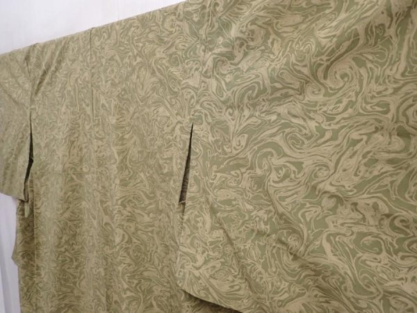 Photo2: 6001T08z530  Japanese Kimono Silk HITOE KOMON Suminagashi dyeing Dull olive (2)