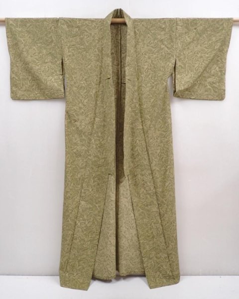 Photo8: 6001T08z530  Japanese Kimono Silk HITOE KOMON Suminagashi dyeing Dull olive (8)