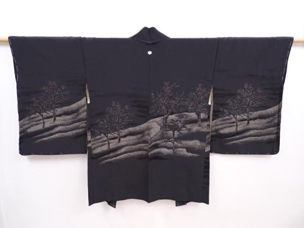 Photo1: 6001T09z620 Vintage Japanese Kimono Silk HAORI Trees Black (1)