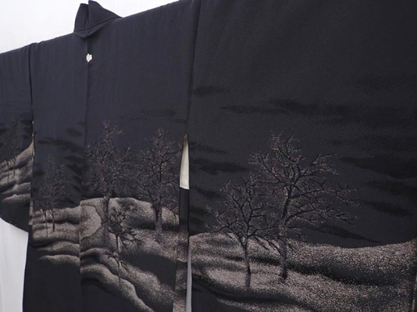 Photo2: 6001T09z620 Vintage Japanese Kimono Silk HAORI Trees Black (2)