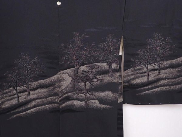 Photo3: 6001T09z620 Vintage Japanese Kimono Silk HAORI Trees Black (3)