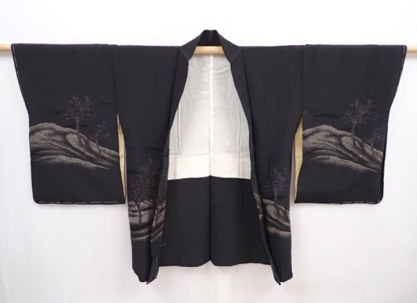 Photo6: 6001T09z620 Vintage Japanese Kimono Silk HAORI Trees Black (6)
