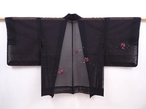 Photo1: 6001T10z230 Vintage Japanese Kimono Silk See through HAORI Maple Black (1)