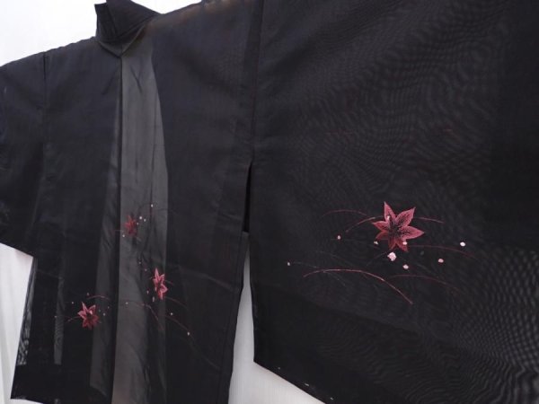 Photo2: 6001T10z230 Vintage Japanese Kimono Silk See through HAORI Maple Black (2)