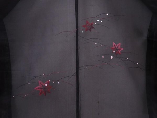 Photo3: 6001T10z230 Vintage Japanese Kimono Silk See through HAORI Maple Black (3)