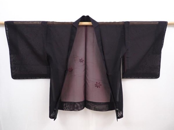 Photo5: 6001T10z230 Vintage Japanese Kimono Silk See through HAORI Maple Black (5)