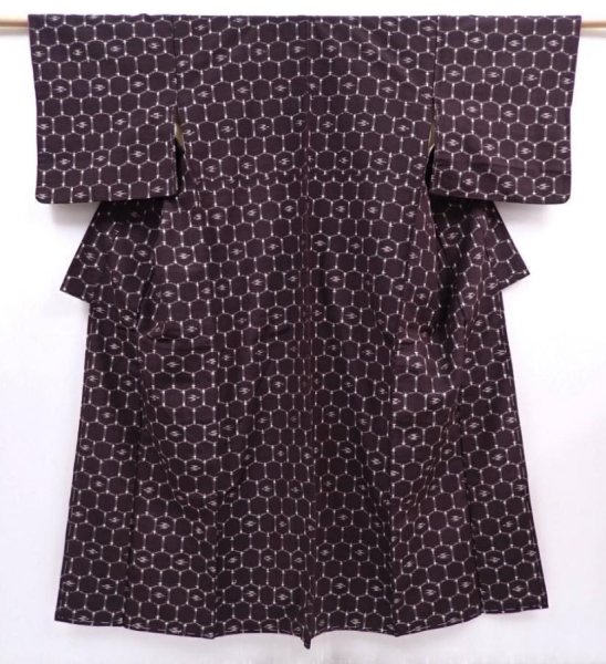 Photo1: 6001T14z760 Vintage Japanese Kimono Silk TSUMUGI  Dark brown (1)
