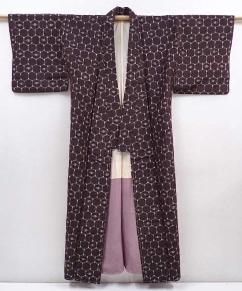 Photo7: 6001T14z760 Vintage Japanese Kimono Silk TSUMUGI  Dark brown (7)