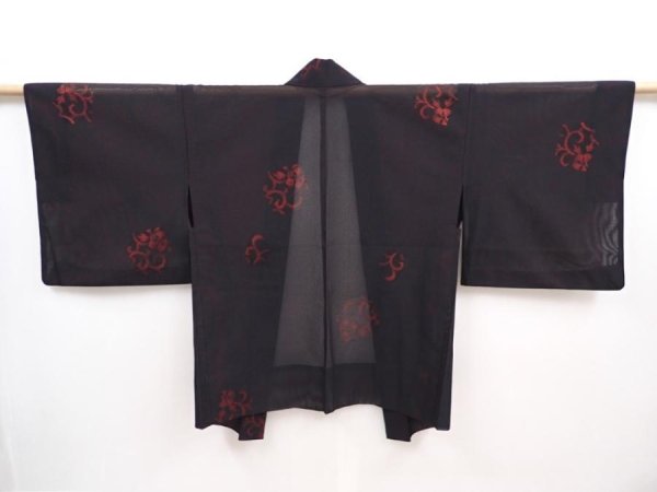 Photo1: 6002T01z300 Vintage Japanese Kimono Silk See through HAORI Flower Black (1)