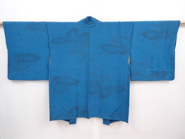 Photo1: 6002T02z480 Vintage Japanese Kimono Silk HAORI Pine needle Cyan blue (1)