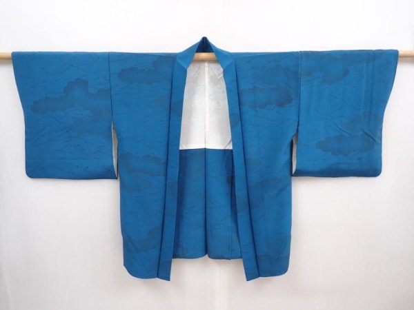 Photo5: 6002T02z480 Vintage Japanese Kimono Silk HAORI Pine needle Cyan blue (5)