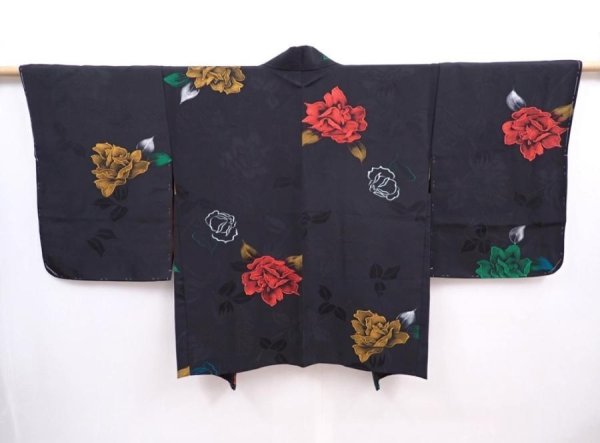 Photo1: 6002T03z560 Vintage Japanese Kimono Silk HAORI Rose Black (1)