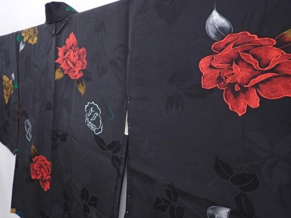 Photo2: 6002T03z560 Vintage Japanese Kimono Silk HAORI Rose Black (2)