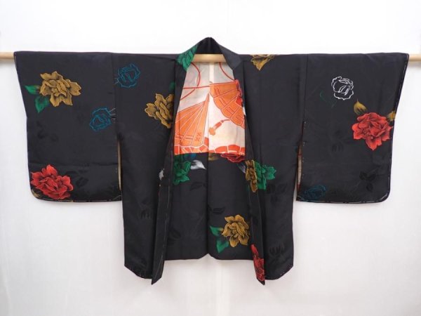 Photo5: 6002T03z560 Vintage Japanese Kimono Silk HAORI Rose Black (5)