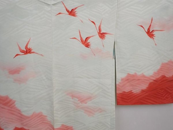 Photo3: 6002T04z590 Vintage Japanese Kimono Silk HAORI Flying crane Soft green (3)