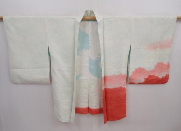 Photo5: 6002T04z590 Vintage Japanese Kimono Silk HAORI Flying crane Soft green (5)