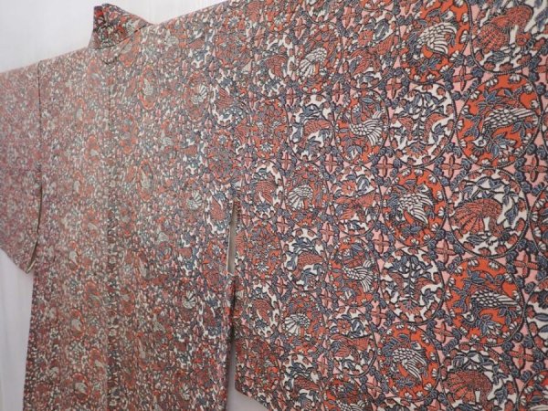 Photo2: 6002T06z490 Vintage Japanese Kimono Silk HAORI Bird Dull red (2)