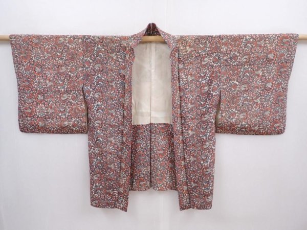 Photo5: 6002T06z490 Vintage Japanese Kimono Silk HAORI Bird Dull red (5)