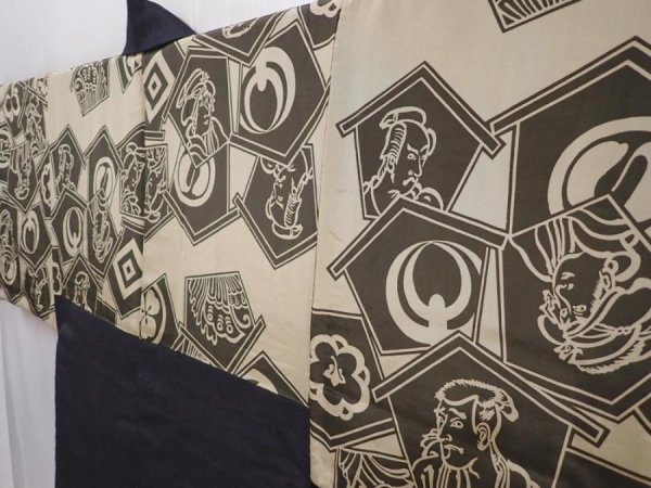 Photo2: 6002T08z570 Vintage Japanese Kimono Silk Men's HAORI Ukiyoe Lamp black (2)