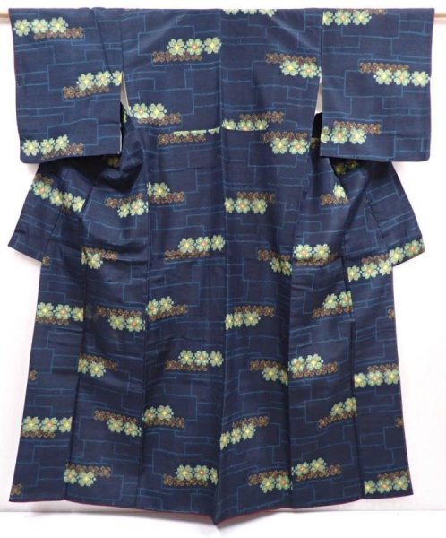 Photo1: 6002T11z780 Vintage Japanese Kimono Silk TSUMUGI Flower Navy (1)