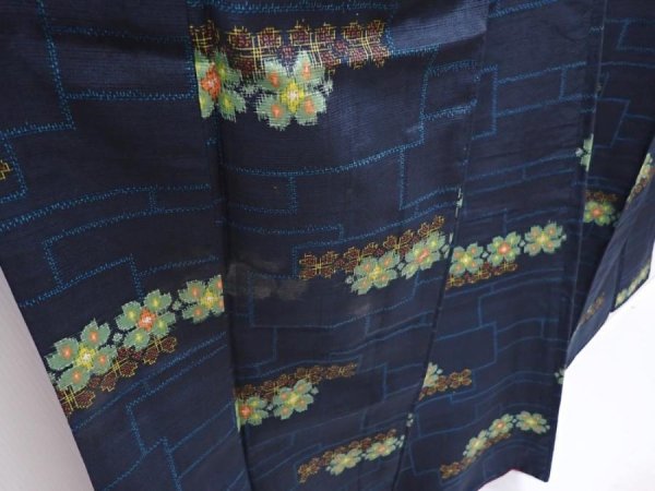 Photo3: 6002T11z780 Vintage Japanese Kimono Silk TSUMUGI Flower Navy (3)