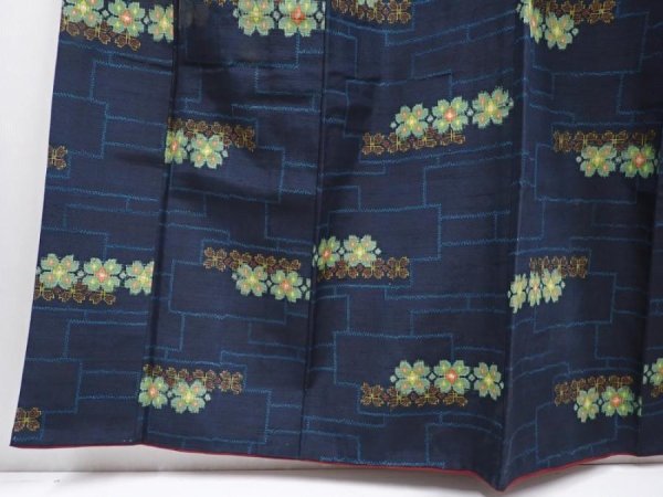 Photo4: 6002T11z780 Vintage Japanese Kimono Silk TSUMUGI Flower Navy (4)