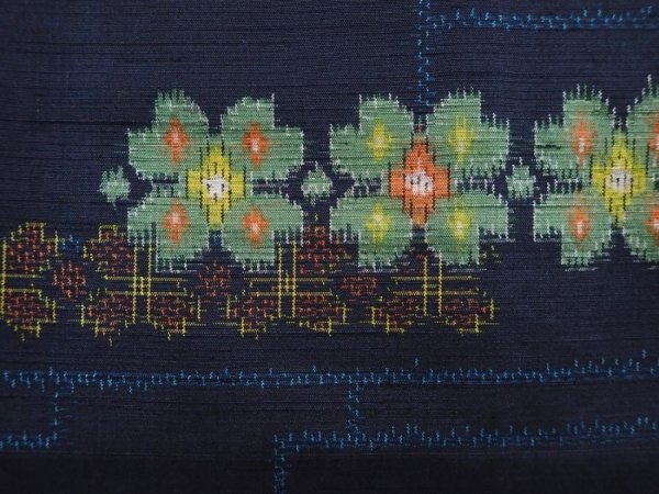 Photo6: 6002T11z780 Vintage Japanese Kimono Silk TSUMUGI Flower Navy (6)