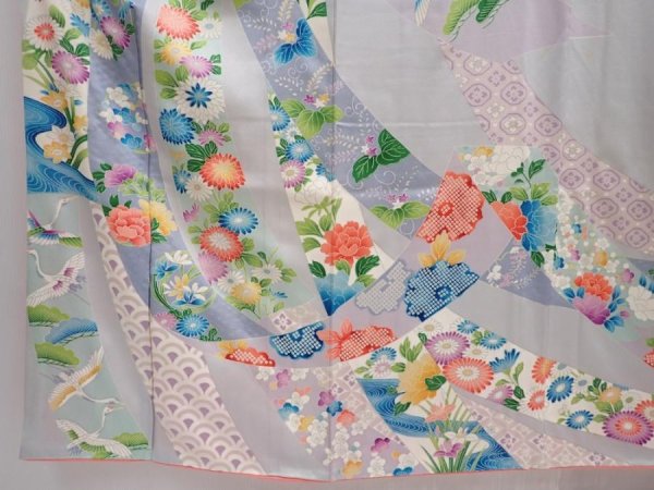 Photo6: 6002T12z1060  Japanese Kimono Silk FURISODE Tabane-noshi Light gray (6)