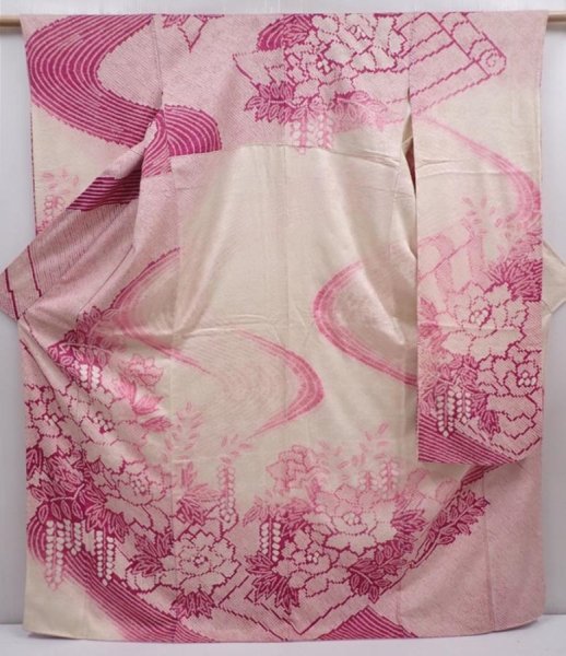 Photo1: 6002T13z1270 Vintage Japanese Kimono Silk FURISODE Peony Purple-Pink (1)