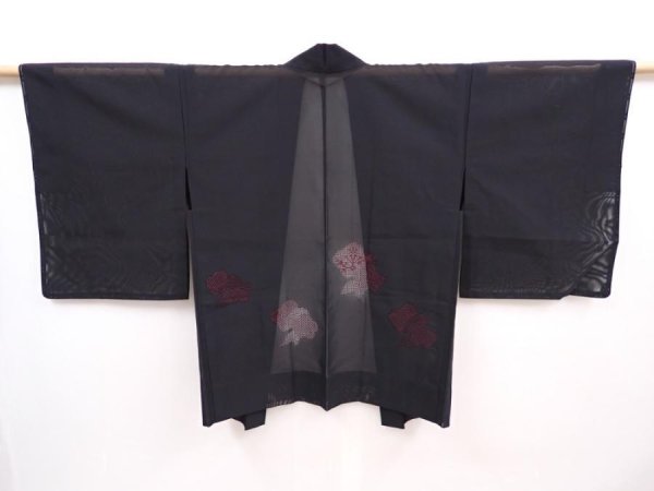 Photo1: 6004T03z310 Vintage Japanese Kimono Silk See through HAORI  Black (1)