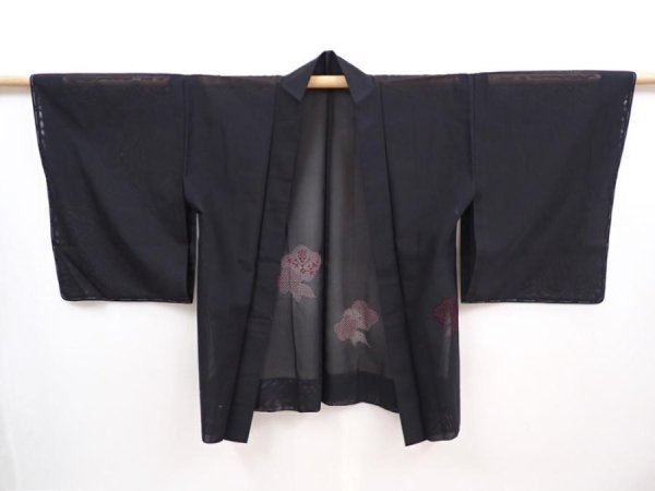 Photo5: 6004T03z310 Vintage Japanese Kimono Silk See through HAORI  Black (5)