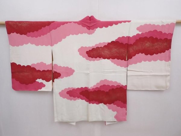 Photo1: 6004T04z650 Vintage Japanese Kimono Silk HAORI Cloud Wine red (1)