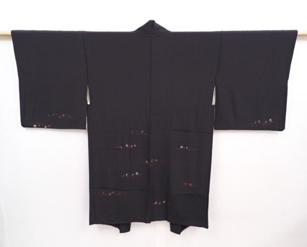 Photo2: 6004T05z560 Vintage Japanese Kimono Silk HAORI  Black (2)