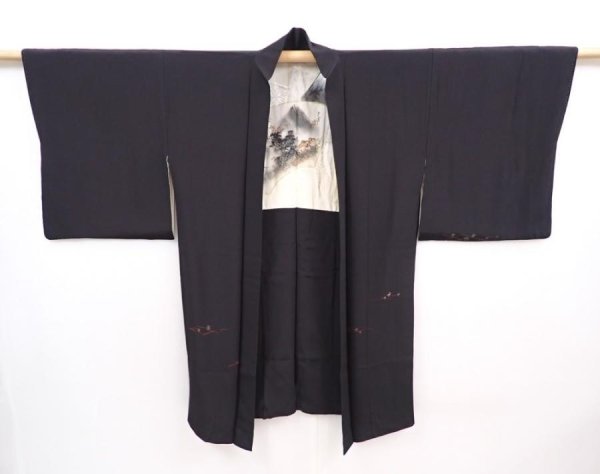 Photo6: 6004T05z560 Vintage Japanese Kimono Silk HAORI  Black (6)
