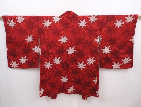 Photo1: 6004T09z590 Vintage Japanese Kimono Silk HAORI Maple Dark red (1)