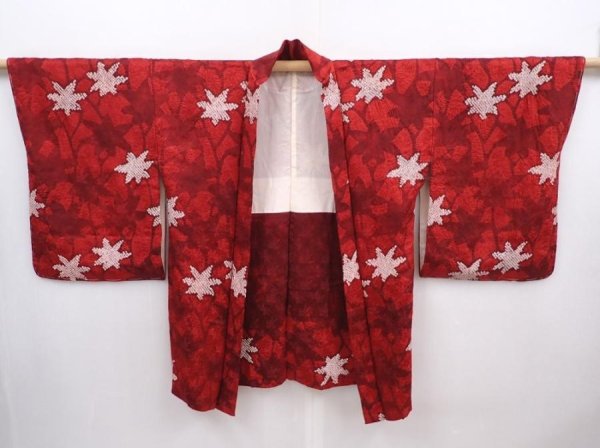 Photo5: 6004T09z590 Vintage Japanese Kimono Silk HAORI Maple Dark red (5)