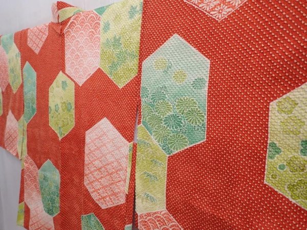 Photo2: 6004T10z580 Vintage Japanese Kimono Silk SHIBORI HAORI Flowers Dark red (2)