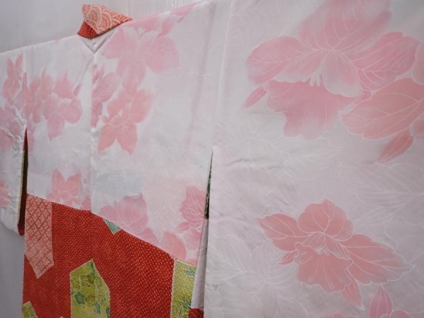 Photo7: 6004T10z580 Vintage Japanese Kimono Silk SHIBORI HAORI Flowers Dark red (7)