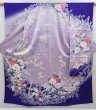 Photo1: 6004T12z1230 Vintage Japanese Kimono Silk FURISODE Flowers Dark lavender blue (1)