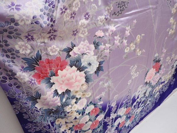 Photo3: 6004T12z1230 Vintage Japanese Kimono Silk FURISODE Flowers Dark lavender blue (3)