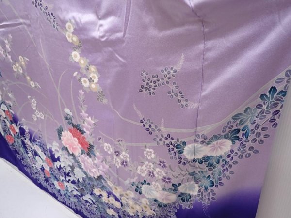 Photo4: 6004T12z1230 Vintage Japanese Kimono Silk FURISODE Flowers Dark lavender blue (4)