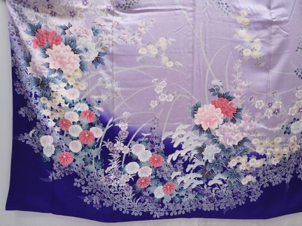 Photo5: 6004T12z1230 Vintage Japanese Kimono Silk FURISODE Flowers Dark lavender blue (5)