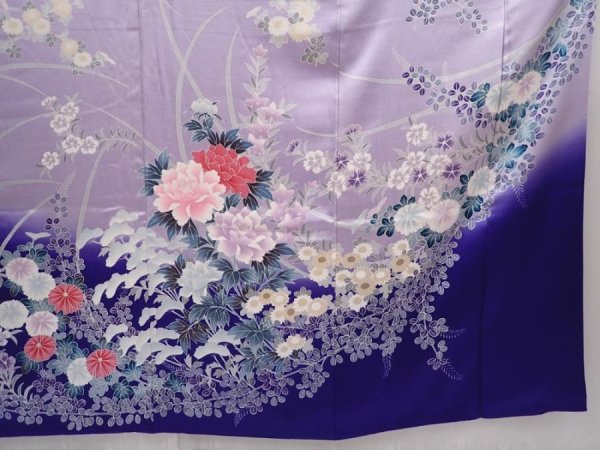 Photo7: 6004T12z1230 Vintage Japanese Kimono Silk FURISODE Flowers Dark lavender blue (7)