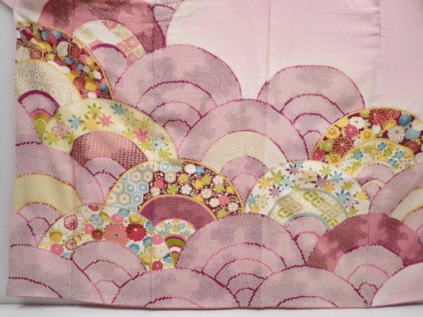 Photo5: 6004T13z1170 Vintage Japanese Kimono Silk FURISODE Seigaiha Pink (5)