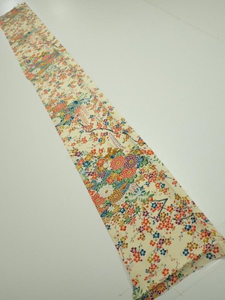 Photo3: 2L08z40  Japanese Kimono Silk  FABRIC Flowers Light yellow 58.3x7.1 (3)