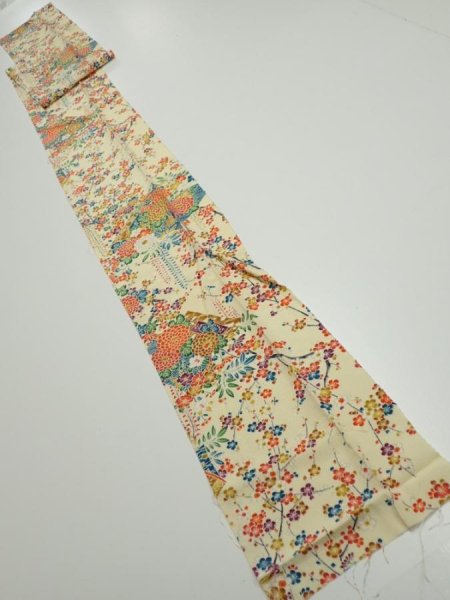 Photo5: 2L09z60  Japanese Kimono Silk  FABRIC Flowers Light yellow 81.1x7.3 (5)