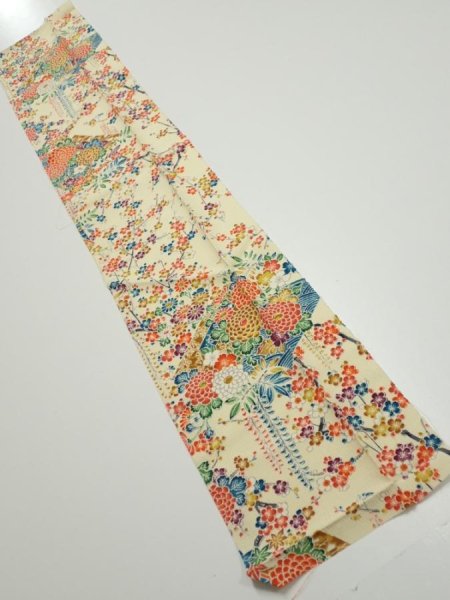 Photo1: 2L10z30  Japanese Kimono Silk  FABRIC Flowers Light yellow 35.8x7.3 (1)