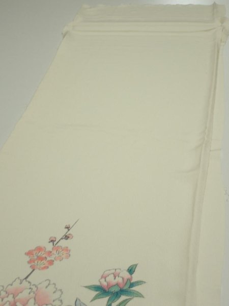 Photo3: 2L01z80  Japanese Kimono Silk  FABRIC Flowers  Off-white 56.3x14.4 (3)
